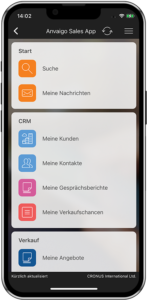 Anvaigo Sales App Startmenü